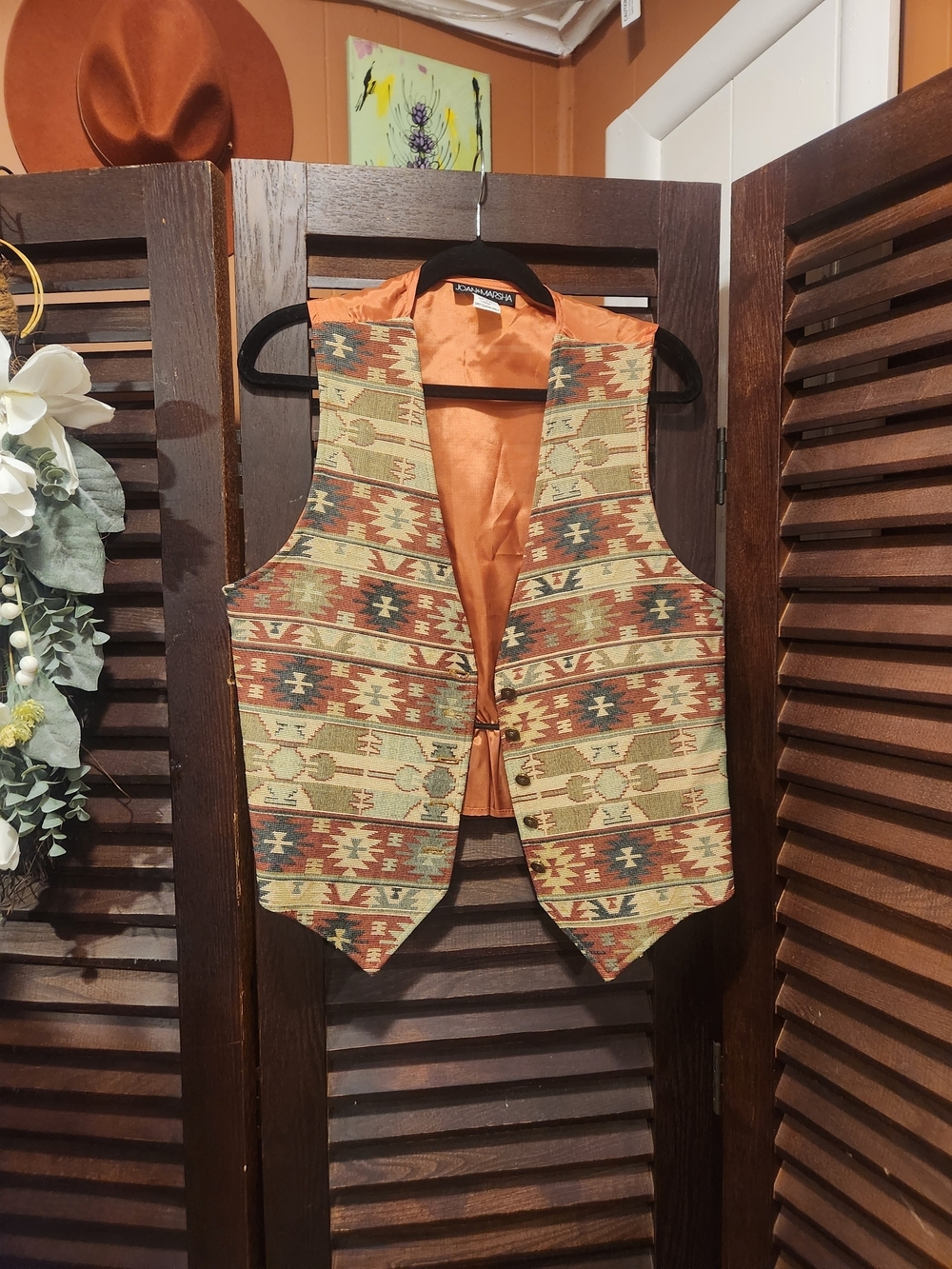 Vintage Southwestern Patterned Vest in Rust, Olive & Tan
